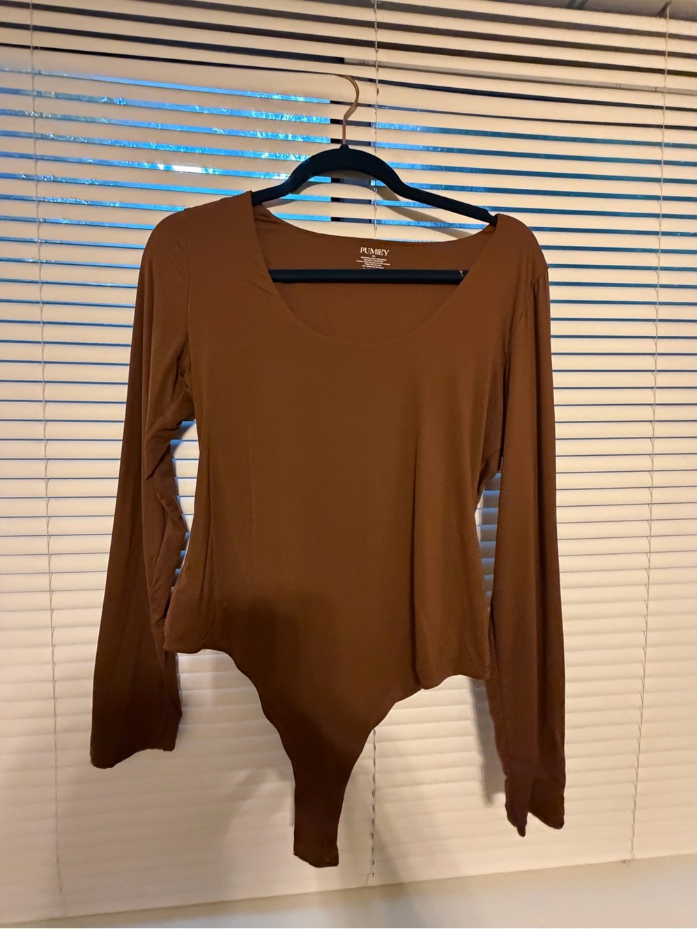 Pumiey Women's Brown Long-Sleeve Scoop Neck Bodysuit